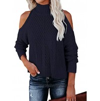 Ferrtye Women's Turtleneck Long Sleeve Cold Shoulder Sweaters High Neck Casual Solid Loose Fit Knit Pullover Sweater