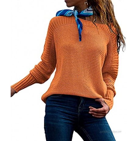 Grlasen Women's Round Neck Rib Long Sleeve Knitted Pullover Casual Loose Solid Color Sweater top