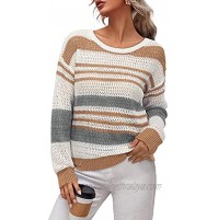 LAISHEN Womens Long Sleeve Striped Color Block Drop Shoulder Sweater Casual Crew Neck Knit Pullover Jumper Tops