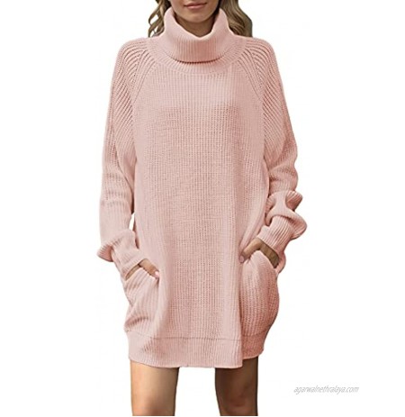 Meenew Women's Turtleneck Oversized Long Pullover Sweater Dress with Pockets