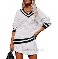 Meetrendi Women Cable Knit Sweater Long Sleeve Striped V Neck Pullover Casual Loose Jumper Tops
