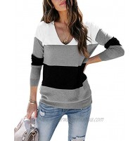 Ofenbuy Womens Casual V Neck Sweater Long Sleeve Lightweight Pullover Shirts Color Block Tunic Tops