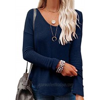 OMSJ Women's Waffle Knit Sweater Long Sleeve V Neck Casual Solid Color Pullover Jumper Tops Blouses