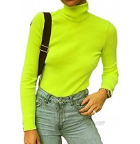 Roselux Women Long Sleeve Knit Ribbed Turtleneck Layer Tops Neon Green Elastic Shirt Pullovers Slim Fit Sweater