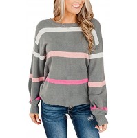 SUPRELOOK Women's Rainbow Striped Long Sleeve Knitted Sweater Tops Crew Neck Soft Pullover Jumper