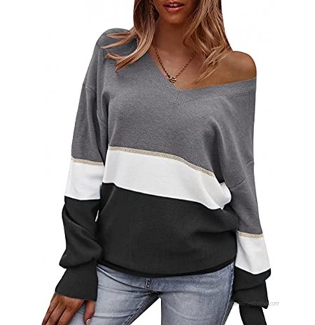 Womens Casual Sweaters Long Sleeve V Neck Striped Color Block Knit Pullover Tops
