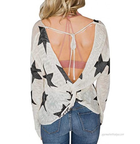 Womens Deep V Neck Backless Sweater Star Knitted Long Sleeve Pullover Lace up Loose Tops