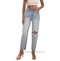 OFLUCK Women High-Waisted Straight Cropped Ripped Jeans，Boyfriend Distressed Stretch Denim Pants