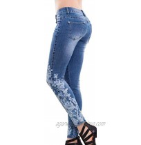 PAODIKUAI Women's Patchwork Jeans Mid Rise Floral Embroidered Shaping Skinny Jeans