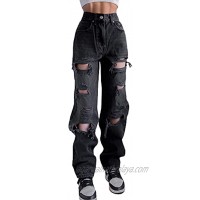 Women Ripped Jeans Low Rise Cutout Baggy Straight Wide Leg Jeans Y2K Fashion Denim Streetwear Pants