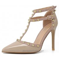 Comfity Womens Rivets Pointed Toe Pumps Golden Round Rivets Strappy Ankle T-Strap Stiletto Dress Wedding Sandals