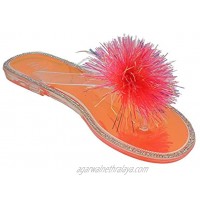 Women's Fashion Jelly Glitter Rhinestone Pom Poms Flat Thong Flip Flops Sandals Shoes Daisy